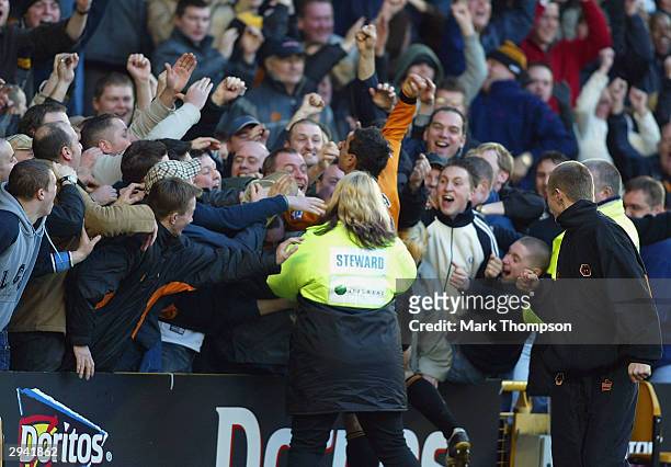 Vio Ganea of Wolves celebrates scoring an equilizing goal during the FA Barclaycard Premiership match between Wolverhampton Wanderers and Arsenal at...