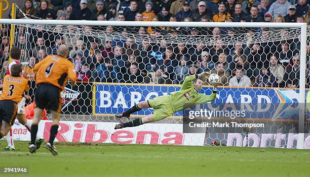 Paul Jones of Wolves makes a save during the FA Barclaycard Premiership match between Wolverhampton Wanderers and Arsenal at Molineux on February 7,...