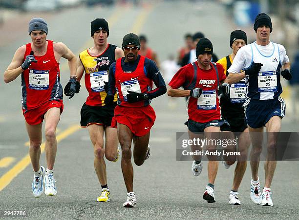 Dan Browne , Meb Keflezighi and Alan Culpepper run in a pack of other runners during the U.S. Olympic Marathon Trials on February 7, 2004 in...