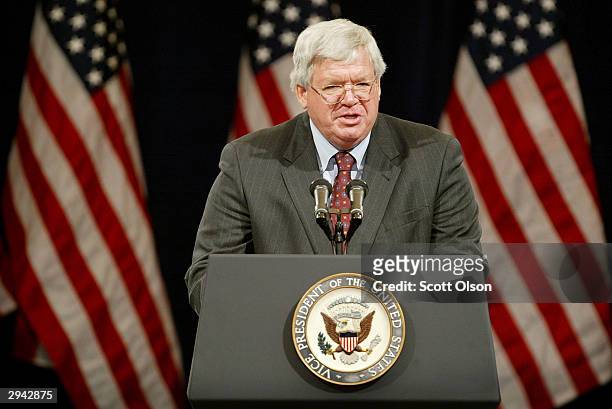 Speaker of the House Dennis Hastert gives a speech at a fundraiser hosted by the National Republican Congressional Committee February 7, 2004 in...