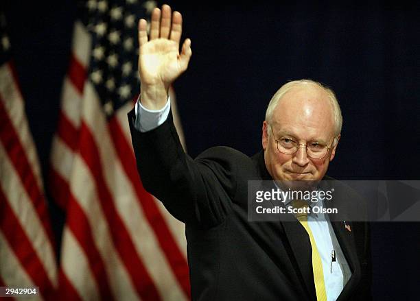 Vice President Dick Cheney waves to the audience as he leaves a fundraiser for Speaker of the House Dennis Hastert hosted by the National Republican...