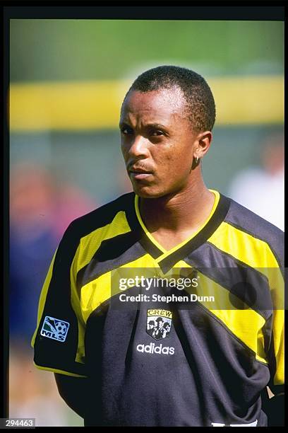 Doctor Khumalo of the Columbus Crew stands on the field during a game against the Tampa Bay Mutiny at the Eddie C. Moore Complex in Clearwater,...