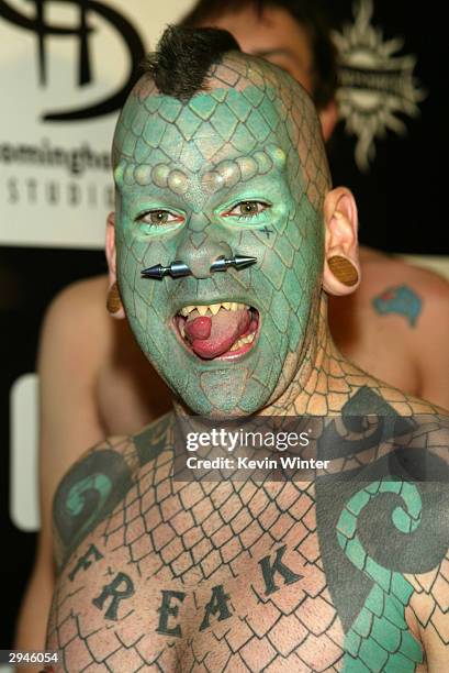 Freak show performer Eric "Lizard Man" Sprague arrives at "The Rock and Roll Carnival" hosted by Coming Home Studios and Grammy-Nominated band...