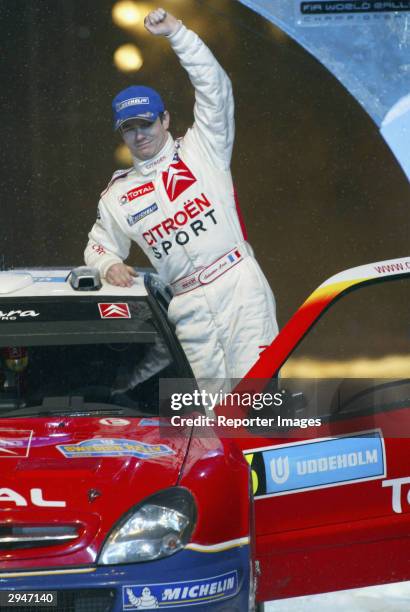 Sebastien Loeb of France celebrate on the Citroen Xsara WRC after his win during the World Rally Chapionships in Sweden on February 8, 2004 in...