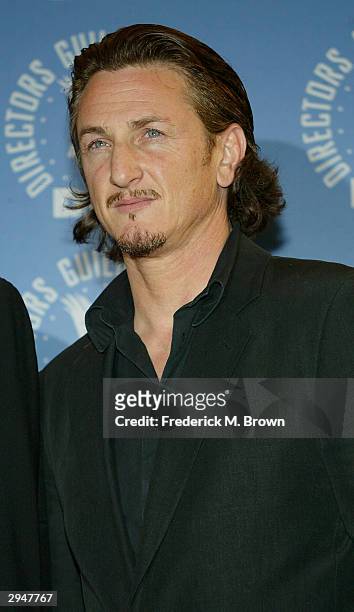 Actor and director Sean Penn poses backstage at the 56th Annual DGA Awards at the Century Plaza Hotel on February 7, 2004 in Beverly Hills,...