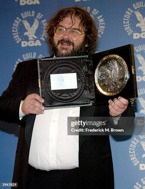 Director Peter Jackson poses with his nomination plaque at the 56th Annual DGA Awards at the Century Plaza Hotel on February 7, 2004 in Beverly...