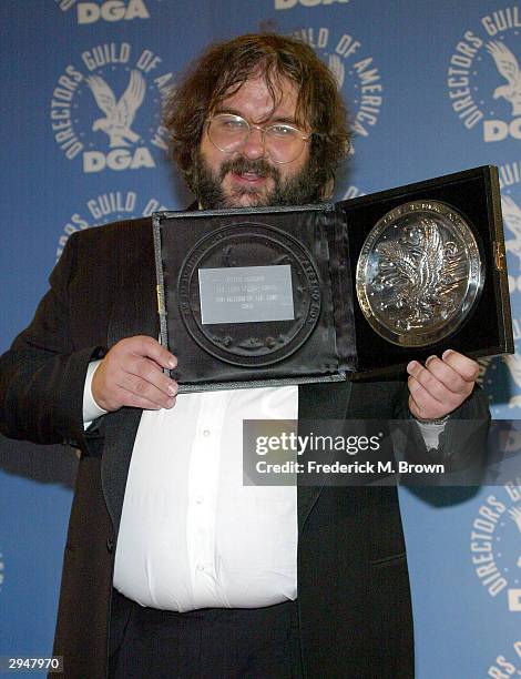 Director Peter Jackson poses with his nomination plaque at the 56th Annual DGA Awards at the Century Plaza Hotel on February 7, 2004 in Beverly...