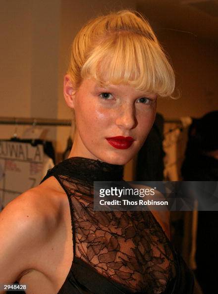 A model poses backstage at the Yigal Azrouel fashion show during ...