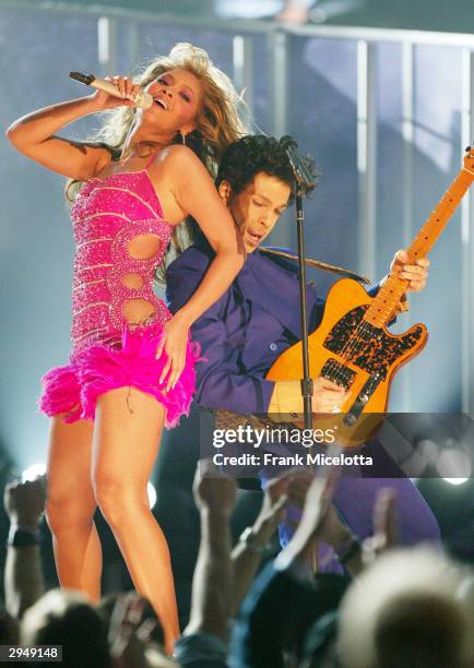 Singer/actress Beyonce Knowles and Musician Prince perform at the 46th Annual Grammy Awards held at the Staples Center on February 8, 2004 in Los...