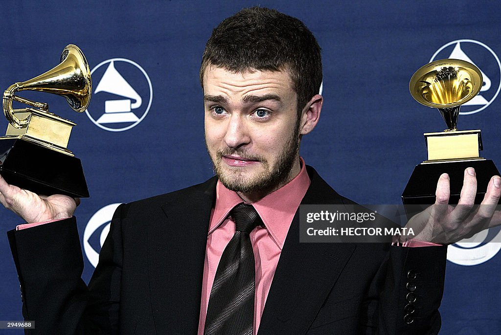 Pop singer Justin Timberlake holds his t