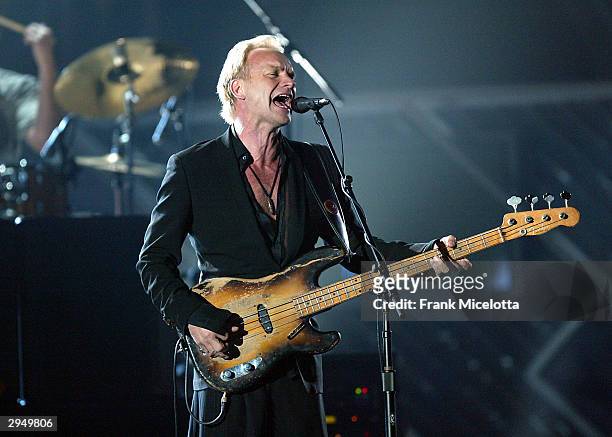 Musician Sting performs at the 46th Annual Grammy Awards held at the Staples Center on February 8, 2004 in Los Angeles, California.