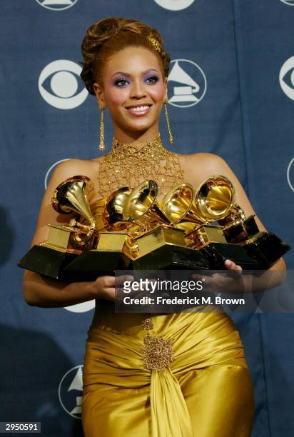 Singer/actress Beyonce Knowles poses backstage after winning 5 Grammy Awards in the Pressroom at the 46th Annual Grammy Awards held on February 8,...