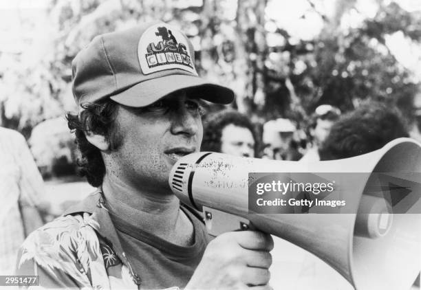 American director Steven Spielberg holds a megaphone while directing his film, 'E.T. The Extra-Terrestrial,' 1982.