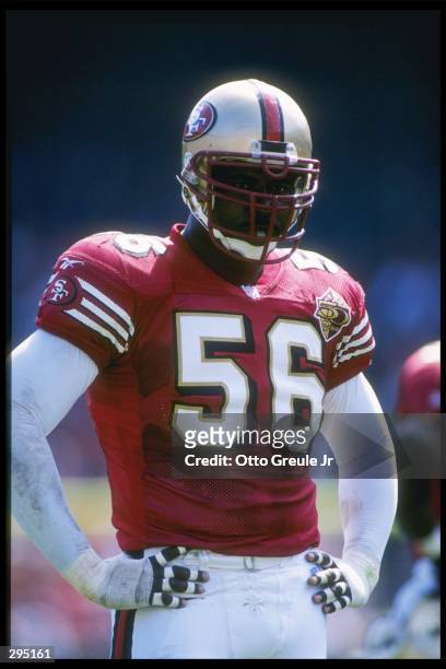 Defensive lineman Chris Doleman of the San Francisco 49ers looks on during a game against the Atlanta Falcons at 3Com Park in San Francisco,...