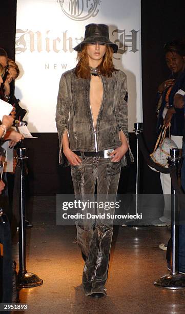 Model walks the runway at the Michael H Fall 2004 fashion show during the Olympus Fashion Week Fall 2004 at Don Hills February 8, 2004 in New York...