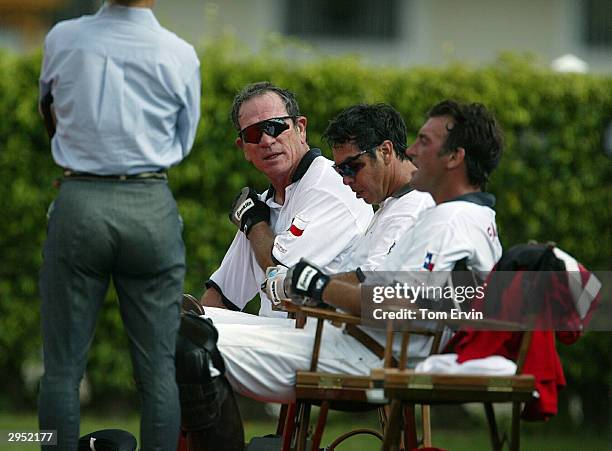 Actor Tommy Lee Jones chats between chukkers at the International Polo Club Palm Beach on February 6, 2004 in Wellington, Florida.