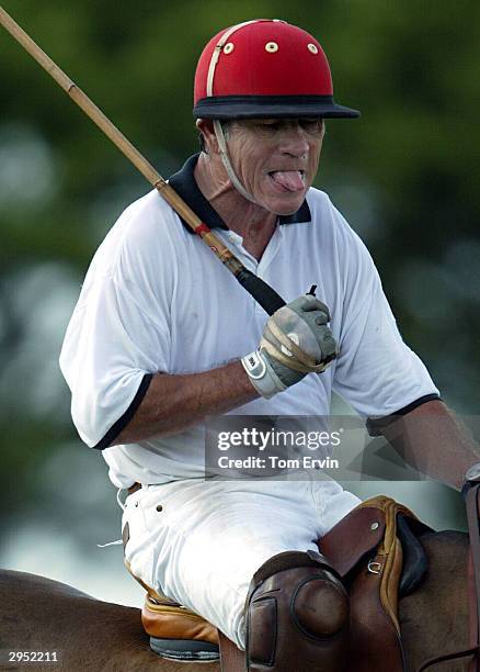 Actor Tommy Lee Jones plays polo at the International Polo Club Palm Beach on February 6, 2004 in Wellington, Florida.