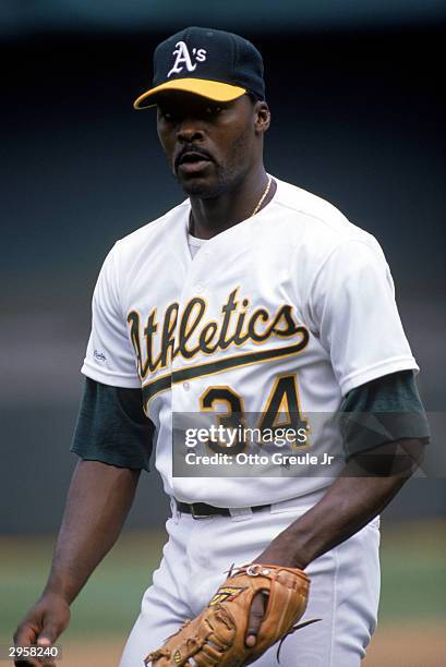 Pitcher Dave Stewart of the Oakland Athletics walks on the field during a game of the 1989 American League Season at the Oakland-Alameda County...