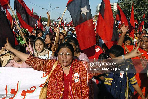 Women of the nine-party alliance, Anti-Thal canal-Kalabagh Dam, shout slogans during a protest rally against the proposed construction of a canal and...