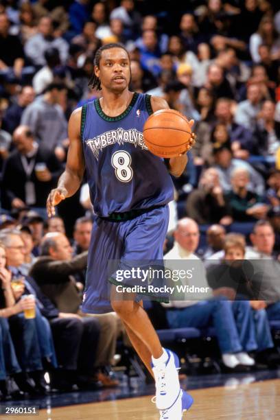 Latrell Sprewell of the Minnesota Timberwolves sets up the play against the Golden State Warriors during the NBA game at The Arena in Oakland on...