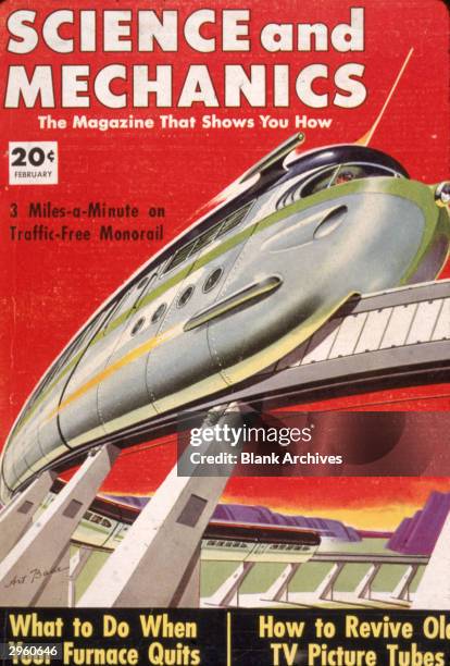 Cover illustration from 'Science And Mechanics' magazine, depicting a futuristic monorail train by Art Bade, February 1953.