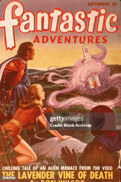 Cover illustration from 'Fantastic Adventures' fantasy pulp fiction magazine depicting the 'lavender vine of death' devouring a rocket ship as a man...