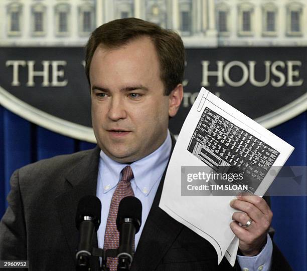 White House Press Secretary Scott McClellan holds recently found documents, that he says prove that US president George W. Bush did serve for the...