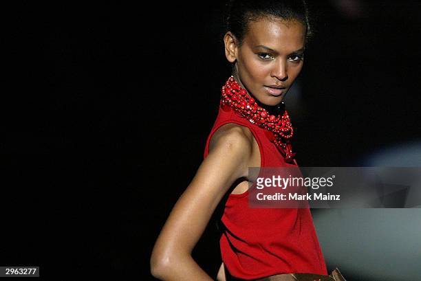 Model Liya Kebede walks down the runway at the Bill Blass Fall 2004 Fashion show during Olympus Fashion Week at Bryant Park February 10, 2004 in New...