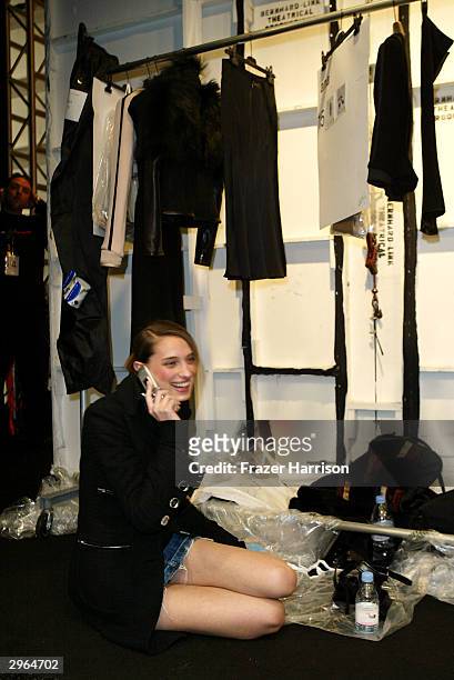Model Carmen Maria backstage at the Narciso Rodriguez Fall 2004 fashion show during Olympus Fashion Week at Bryant Park February 10, 2004 in New York...