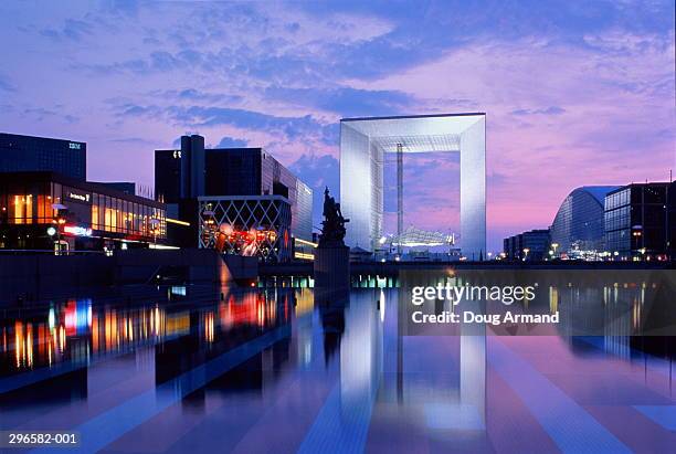 france, paris, la defense, la grande arche at dusk - grande arche stock pictures, royalty-free photos & images