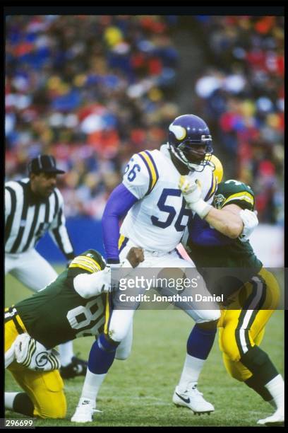 Linebacker Chris Doleman of the Minnesota Vikings looks on during a game against the Green Bay Packers at Milwaukee County Stadium in Milwaukee,...