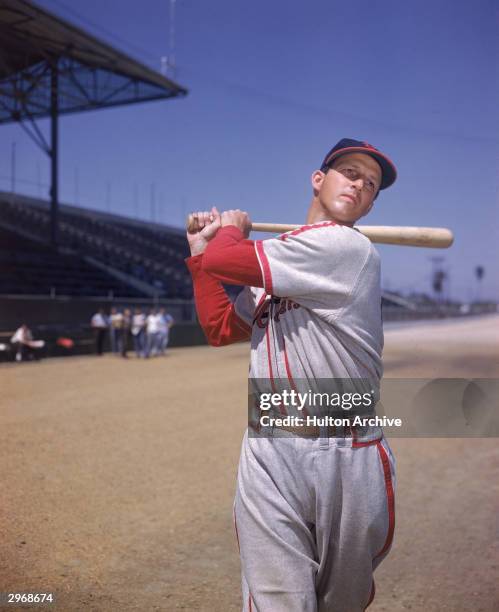 Portrait of American baseball player, Stan Musial of the St. Louis Cardinals in uniform, circa 1960s.
