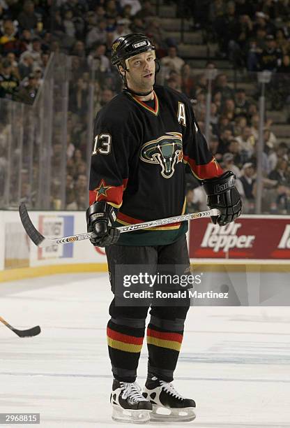 Bill Guerin of the Dallas Stars waits on the ice against the Colorado Avalanche at the American Airlines Center on January 10, 2003 in Dallas, Texas....