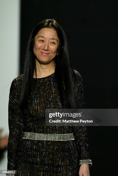 Designer Vera Wang closes the runway at the Vera Wang fashion show during Olympus Fashion Week at Bryant Park, February 11, 2004 in New York City.