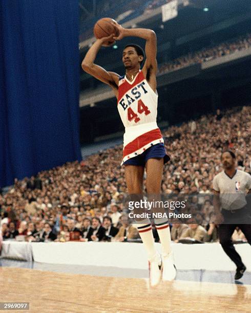 George Gervin of the San Antonio Spurs shoots a jump shot against the West All-Stars during the 1980 NBA All-Star Game on February 4, 1980 in...