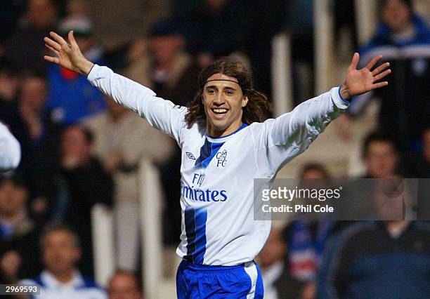 Hernan Crespo of Chelsea celebrates scoring their second goal during the FA Barclaycard Premiership match between Portsmouth and Chelsea at Fratton...