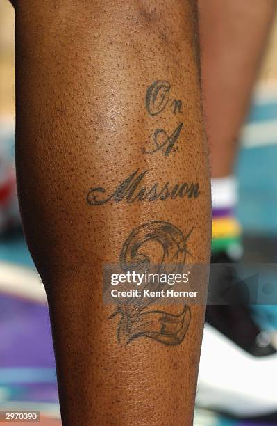 Detailed shot of a tattoo on the leg of DeShawn Stevenson of the Utah Jazz during the game against the Chicago Bulls on February 4, 2004 at the Delta...