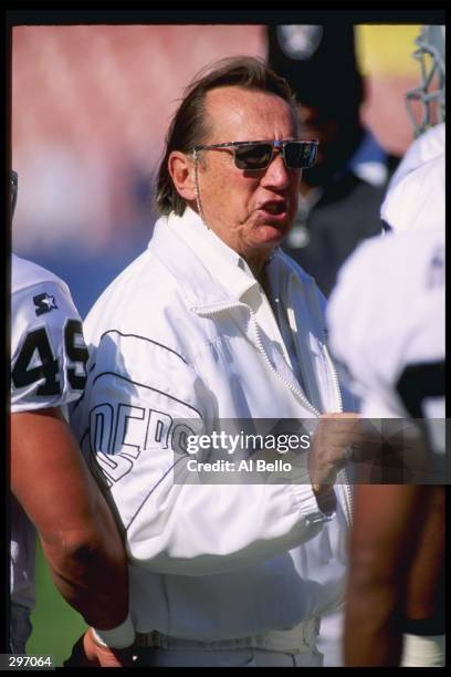 Los Angeles Raiders owner Al Davis looks on during a game against the Los Angeles Rams at the Anaheim Stadium in Anaheim, California. The Raiders won...