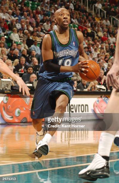 Sam Cassell of the Minnesota Timberwolves drives to the basket against the Utah Jazz on February 11, 2004 at the Delta Center in Salt Lake City,...