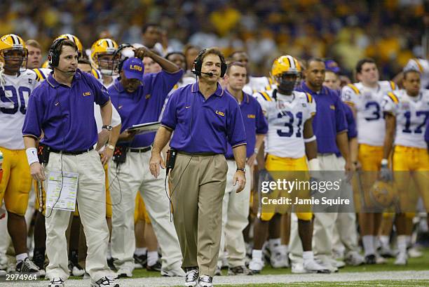 Head coach Nick Saban of the Louisiana State University Tigers walks the sidelines during the National Championship Nokia Sugar Bowl against the...