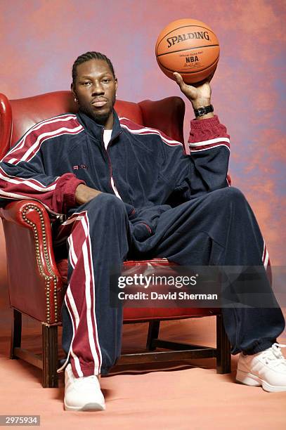 Ben Wallace of the Detroit Pistons poses for photos at the Century Hotel Plaza and Spa during NBA All-Star Weekend on February 12, 2004 in Los...