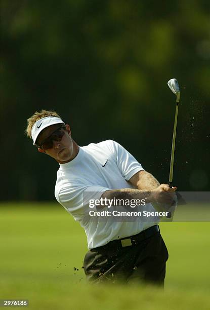 Scott Laycock of Australia hits a fairway shot during day two of the ANZ Championship at Horizons Golf Resort February 13, 2004 in Salamander Bay,...