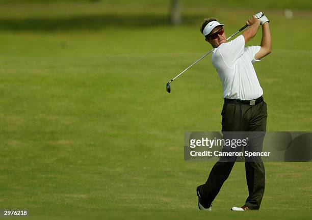 Scott Laycock of Australia hits a fairway shot during day two of the ANZ Championship at Horizons Golf Resort February 13, 2004 in Salamander Bay,...