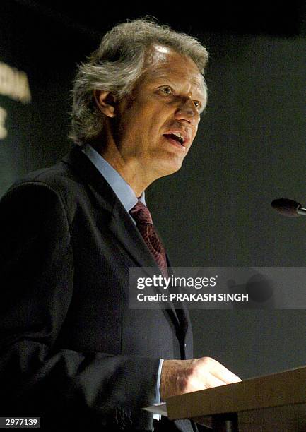 French Foreign Minister Dominique de Villepin addresses a speech at the Madhavrao Scindia Foundation, in New Delhi, 13 February 2004. The foundation...