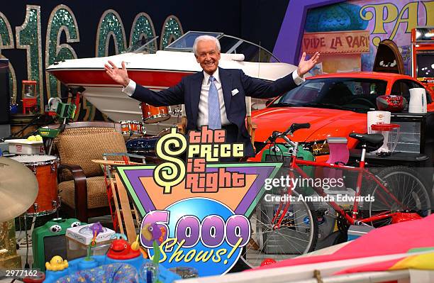 Game show host Bob Barker poses among prizes at the "Price is Right" 6,000th show taping on February 12, 2004 at the CBS Television Studio, in Los...