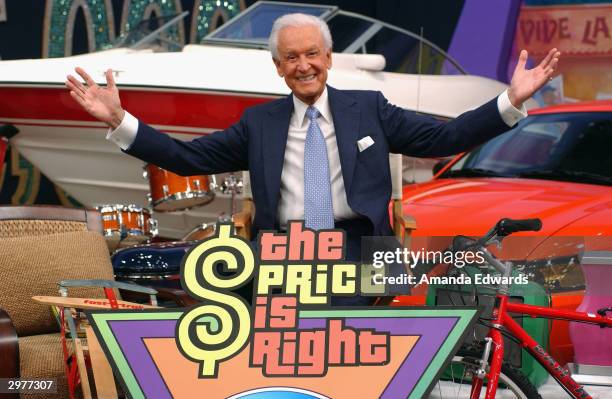 Game show host Bob Barker poses amongst a sea of prizes at the "Price is Right" 6,000th show taping on February 12, 2004 at the CBS Television...