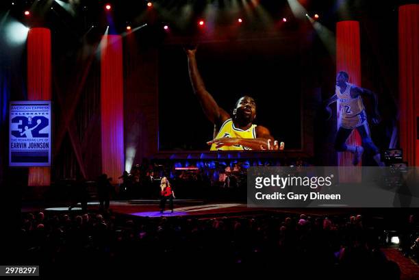 Singer Jessica Simpson performs during the American Express Celebrates the Rewarding Life of Magic Johnson event on February 12, 2004 at the Shrine...