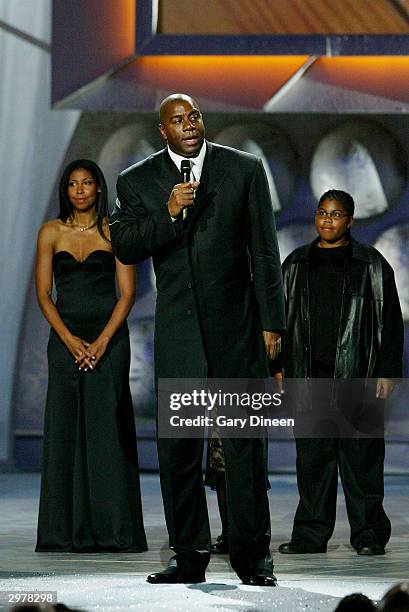 Magic Johnson and his family attend the American Express Celebrates the Rewarding Life of Magic Johnson event on February 12, 2004 at the Shrine...