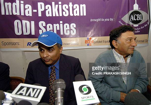 Chairman of Association for Cricket for the Blind in India George Abraham and former Indian Test Cricketer Abbas Ali Baig listen to reporters during...