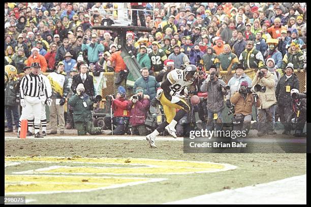 Wide receiver Yancy Thigpen of the Pittsburgh Steelers drops the game winning touchdown during a game against the Green Bay Packers at Lambeau Field...